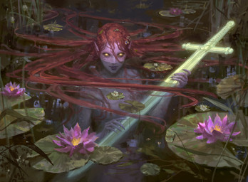 breasts female flower green_eyes hair holding_melee_weapon holding_object holding_sword holding_weapon humanoid_pointy_ears leaf lily_pad looking_at_viewer magic melee_weapon not_furry nude plant pointy_ears red_hair smile solo sword water weapon livia_prima hasbro magic:_the_gathering wizards_of_the_coast emry_(magic:_the_gathering) animal_humanoid aquatic aquatic_humanoid humanoid 2019 official_art