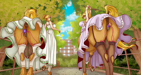 animal_genitalia anus big_teats blonde_hair clitoris clothed clothing clothing_lift dress dress_lift duo egg_vibrator equine_anus equine_genitalia female female/female female_taur freckles genitals hair hooves horseshoe legwear looking_at_viewer looking_back monster_girl_(genre) open_mouth park penetration plant ponytail puffy_anus raised_arms raised_tail sex_toy sex_toy_in_vagina sex_toy_insertion solo stockings tail teats tree udders vaginal vaginal_penetration vibrator vibrator_in_vagina zuckergelee european_mythology greek_mythology monster_musume mythology centorea's_mother_(monster_musume) centorea_shianus_(monster_musume) centaur equid equid_taur humanoid_taur mammal mammal_taur taur 2025 hi_res