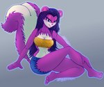 anthro big_legs big_tail black_hair blue_eyes bottomwear breasts clothing eyelashes feet female hair hotpants long_eyelashes minishorts paws plantigrade pose short_snout shorts simple_background snout solo star tail thick_thighs 1ndigocat mammal mephitid skunk 2021 hi_res pinup