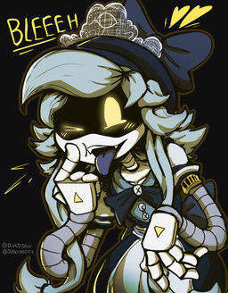 armband armor belt black_background blue_tongue blush blush_lines bow_ribbon button_(fastener) clothing cute_fangs dress earless fangs female finger_on_face flat_chested glowing glowing_eyes grey_body grey_hair grey_tongue hair hand_on_face hard_hat hat headgear headwear heart_symbol hearts_around_head helmet machine maid_headdress maid_uniform metal metallic_body noodle_arms noseless one_eye_closed open_mouth open_smile poking poking_cheek screen screen_face segmented_body sharp_teeth simple_background smile solo teeth text tongue tongue_out toony uniform unusual_anatomy white_body yellow_armband yellow_eyes yellow_text diddlydooter1 glitch_productions murder_drones cyn_(murder_drones) eldritch_abomination humanoid robot robot_humanoid worker_drone artist_name digital_drawing_(artwork) digital_media_(artwork) hi_res signature