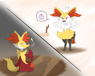 3_fingers 3_toes ambiguous_anthro ambiguous_gender ambiguous_human anthro arm_tuft biped black_body black_fur blush blush_lines bodily_fluids caught_in_the_act cheek_tuft chest_tuft cute_fangs detailed_background digitigrade dipstick_tail duo eating_object embarrassed evolutionary_family facial_tuft fangs feet fingers flat_chested flying_sweatdrops front_view fur gesture hip_tuft holding_object holding_stick inner_ear_fluff inside kneeling looking_at_viewer looking_back looking_back_at_viewer markings monotone_tail motion_lines multicolored_body multicolored_fur nude_ambiguous nude_anthro open_mouth orange_body orange_fur orange_inner_ear_fluff orange_nose orange_tail_tip pointy_ears poke_puff prick_ears rear_view red_eyes refusing shadow shocked shoulder_tuft solo_focus speech_bubble standing stick sweat sweatdrop tail tail_markings teeth toes tuft two_panel_image two_tone_tail waving white_body white_fur yellow_body yellow_fur yellow_tail kemonobito nintendo pokemon braixen canid delphox generation_6_pokemon human mammal pokemon_(species) 2016 5:4 cel_shading colored digital_drawing_(artwork) digital_media_(artwork) hi_res sequence shaded