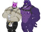 abs anthro areola balls barazoku biceps big_balls big_muscles big_penis biped black_collar bone chastity_cage chastity_device collar dominant dominant_anthro dominant_male duo foreskin fur gag genitals glans half-erect harness harness_only huge_muscles huge_penis humanoid_genitalia humanoid_penis male male/male metal_chastity_cage muscular muscular_anthro muscular_dom muscular_male muscular_sub nipples pecs penis purple_body purple_fur purple_nipples restraints skull skull_head smile straitjacket submissive submissive_anthro submissive_male tape tape_gag vein veiny_penis yellow_eyes arkyhorny canid canine canis mammal wolf 2024 4:3 hi_res