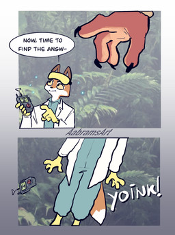 ambiguous_gender anthro claws clothed clothing dialogue duo gloves handwear orange_body size_difference speech_bubble text time_travel time_traveler topwear yellow_sclera aabramsart canid canine fox mammal absurd_res comic english_text hi_res