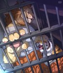 anthro biceps blush bodily_fluids brown_body brown_fur brown_mane clothed clothing countershading duo fur hand_on_head inmates_clothing male mane muscular muscular_anthro muscular_male orange_body orange_eyes orange_fur orange_jumpsuit pecs prison prisoner striped_body striped_fur stripes sweat tan_body tan_fur triceps tuft white_body white_fur giraffe_(artist) lam-chan lion-san felid lion mammal pantherine tiger hi_res