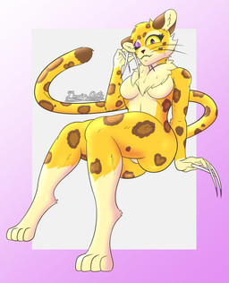 anthro chest_tuft claws countershading female hyper_nails long_nails low-angle_view makeup nails one_eye_closed pose sharp_nails solo thick_thighs tuft wide_hips wink yellow_sclera devin_arts kirby_(series) kirby_and_the_forgotten_land nintendo clawroline felid leopard mammal pantherine absurd_res hi_res pinup