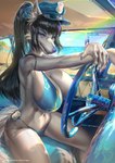 anthro beach big_breasts bikini bikini_bottom bikini_top biped black_hair blue_bikini blue_bikini_bottom blue_bikini_top blue_clothing blue_swimwear breasts car cleavage clothed clothing cop_hat eyebrows eyelashes female fingers fur grey_body hair hat headgear headwear inner_ear_fluff inside_car inside_vehicle long_hair navel police police_badge purple_eyes purple_nose sand seaside smile solo swimwear tuft two-piece_swimsuit vehicle xupo canid canine canis mammal 2022 digital_media_(artwork) digital_painting_(artwork) hi_res