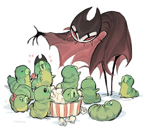 4_fingers ambiguous_gender anthro biped bowing clothed clothing empty_eyes eyes_closed feral fingers food green_body group heart_symbol holding_object larger_ambiguous open_mouth open_smile popcorn red_eyes simple_background size_difference smaller_ambiguous smile sparkles standing white_background 116116116el hollow_knight_(franchise) team_cherry grimm_(hollow_knight) arthropod grub_(hollow_knight) 2025 hi_res female_(lore) male_(lore)