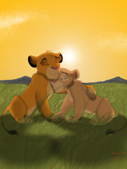 detailed_background duo female feral heart_symbol love male sunset young young_feral alpha_rain disney the_lion_king nala_(the_lion_king) simba_(the_lion_king) felid lion mammal pantherine absurd_res hi_res