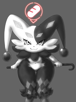 anthro black_body black_fur black_nose cane cheek_tuft eyelashes facial_tuft female fur grey_background jester licking licking_lips looking_at_viewer multicolored_body multicolored_fur navel neck_tuft simple_background solo tongue tongue_out tuft white_body white_fur wide_hips caos_nekomata palworld pocketpair dupin_(pal) lagomorph leporid mammal pal_(species) rabbit hi_res sketch