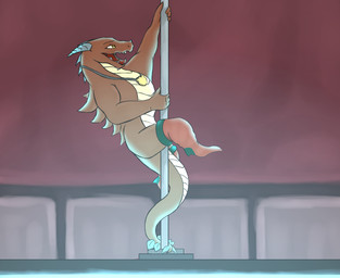 badge clothing dancing feral footwear holding_fixture horn legwear male open_mouth pole smile socks solo stripper_pole tail tongue tongue_out callioppan angels_with_scaly_wings mythology bryce_(angels_with_scaly_wings) dragon mythological_creature mythological_scalie scalie 2017