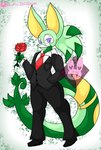 anthro bottomwear clothing flower footwear green_body green_hair hair male necktie pants plant purple_eyes rose_(flower) shirt shoes solo suit tail topwear lewdchuu_(artist) nintendo pokemon generation_5_pokemon pokemon_(species) serperior hi_res