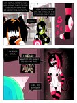 anthro bag beverage blue_hair bodily_fluids breasts clothing dialogue duo ear_piercing female female/female green_hair hair hoodie legwear nipple_tape orange_hair pasties pattern_clothing pattern_legwear piercing red_eyes red_hair sexy_eyes striped_clothing striped_legwear stripes stripped_armwear sweat tail tape teeth thong topwear underwear ponporio the_disappearance_of_girl_a girl_a girl_b girl_c guy_e felid mammal absurd_res comic hi_res