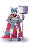 abs anthro armor bandeau belt bottomwear bracers cape clothing female flat_chested fur grey_body grey_fur hammer kerchief legwear loincloth maul muscular muscular_female red_eyes solo thigh_highs tools topwear torn_clothing malletspace canid canine canis mammal wolf hi_res