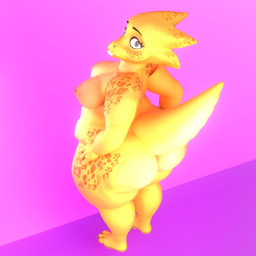 anthro areola big_butt bird's-eye_view breasts butt female hands_on_hips high-angle_view looking_at_viewer looking_back looking_back_at_viewer markings nipples non-mammal_breasts non-mammal_nipples overweight overweight_anthro overweight_female solo spots spotted_markings standing thick_thighs yellow_body mementomoriye twilightv0ids_(modeler) undertale_(series) alphys lizard reptile scalie 1:1 3d_(artwork) blender_(artwork) blender_cycles_(artwork) digital_media_(artwork) hi_res