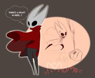 anthro black_body black_eyes cloak cloak_only clothing empty_eyes featureless_feet feet female front_view genitals grey_background pink_background red_cloak red_clothing simple_background solo text thought_bubble vulva white_body momocat hollow_knight_(franchise) team_cherry hornet_(hollow_knight) arthropod insect hi_res