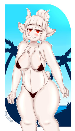 anthro areola areola_slip bangs beach big_breasts bikini black_bikini black_clothing black_swimwear breasts clothing exposure_variation female fur hair markings micro_bikini mole_(marking) pink_areola red_eyes scut_tail seaside short_tail solo string_bikini swimwear tail triangle_bikini two-piece_swimsuit white_body white_fur white_hair highoncoffee helltaker goat_lucifer_(helltaker) bovid caprine goat mammal absurd_res hi_res