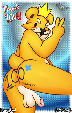 anthro balls blush body_writing crown crown_only fur genitals gesture hand_gesture headgear headgear_only male mostly_nude necktie necktie_only penis perineum solo tail v_sign yellow_body yellow_fur honeybud twinkie_(honeybud) bear mammal absurd_res hi_res