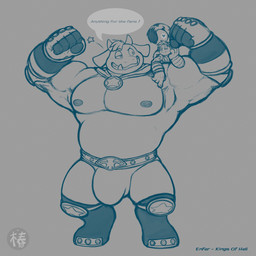anthro biceps big_bulge bulge duo grin hooves male male/male muscular muscular_anthro muscular_male nipples pecs size_difference smile text wrestling_briefs tsubakinykohara kings_of_hell enfer_belial bovid caprine demon goat mammal 1:1 english_text hi_res