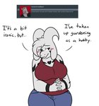 anthro ask_blog asriel_dreemurr_(god_form) big_breasts blush boss_monster_(undertale) bovid breasts caprine cleavage clothed clothing crossgender ellipsis english_text female fur goat hair hair_over_eye heart_(marking) horn huge_breasts long_ears mammal markings mtf_crossgender one_eye_obstructed robertge simple_background solo text undertale undertale_(series) white_background white_body white_fur