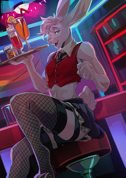 alcohol anthro athletic bar_stool beverage bottomwear buckteeth bulge clothed clothing cocktail cocktail_glass container crossdressing cup drinking_glass dutch_angle femboy fingers fishnet_clothing fishnet_legwear fur furniture glass glass_container glass_cup hair half-closed_eyes holding_object holding_tray legwear lgbt_pride looking_at_viewer male midriff narrowed_eyes neon neon_lights pride_colors rainbow_flag rainbow_pride_flag rainbow_symbol sitting sitting_on_bar_stool sitting_on_stool skirt slim smile solo stool tail teeth topwear tray twunk underwear waiter waiter_tray kammi-lu lagomorph leporid mammal rabbit 2025 digital_media_(artwork)