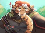 ammo_belt anthro beard beret clothing facial_hair facial_scar felid fur hat headgear headwear heart_symbol hi_res hoshimiy4a lifewonders male mammal muscular muscular_anthro muscular_male pantherine scar smile solo striped_body striped_fur stripes tail tail_in_mouth tiger tokyo_afterschool_summoners willie_wildcat_(tas)