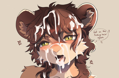 ambiguous_gender anthro bangs blush bodily_fluids brown_eyebrows brown_hair cheek_tuft cum cum_in_hair cum_in_mouth cum_inside cum_on_face eyebrows eyelashes facial_tuft female genital_fluids green_eyes hair inner_ear_fluff long_hair looking_at_viewer open_mouth simple_background solo talking_to_viewer text tuft ha-ha_(artist) felid lion mammal pantherine 2026 colored colored_sketch digital_drawing_(artwork) digital_media_(artwork) english_text hi_res shaded sketch
