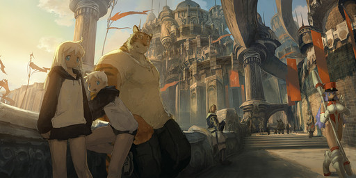 anthro armor blue_eyes castle city clothing cloud day detailed_background female flag group guard hair hoodie kemono male outside sky sunset tail topwear white_hair young gaialot felid human mammal pantherine tiger 2:1 shaded