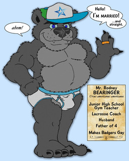 allcaps anthro barefoot baseball_cap black_nose blue_background blue_baseball_cap blue_eyes blue_sclera blue_seam_briefs briefs claws clothed clothing colored_seam_briefs description digit_ring feet green_baseball_cap greeting grey_briefs grey_clothing grey_hat grey_headwear grey_underwear hat headgear headwear jewelry male multicolored_briefs musclegut muscular navel pantsless pantsless_anthro pantsless_male ring rodney_bearinger simple_background smile solo teeth_showing text topless underwear wedding_ring brucebadger american_black_bear bear black_bear mammal ursine english_text hi_res latin_text