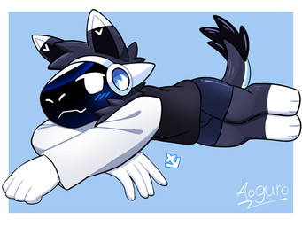 anthro biped black_body black_clothing black_fur black_shirt black_topwear blush blush_lines clothing fur long_sleeve_shirt looking_at_viewer machine male shirt slim_anthro slim_male solo topwear white_body white_fur aoguro protogen 2025 4:3 hi_res