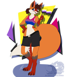anthro biped bisexual_pride_colors black_lipstick blue_eyes bottomwear breasts brown_hair claws clothing crop_top digitigrade eyelashes feet female female_anthro flag flag_(object) fluffy fluffy_tail fur hair happy hindpaw lgbt_pride lipstick makeup nonbinary_pride_colors orange_body orange_fur pawpads paws ponytail pride_color_clothing pride_color_flag pride_color_shirt pride_color_topwear pride_colors red_body red_fur shirt short_ponytail shorts smile solo tail topwear white_body white_fur shikaro lgbt_pride_month ferox_(feroxdoon) canid canine fox mammal red_fox true_fox absurd_res hi_res nonbinary_(lore)