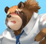 blush bodily_fluids breath clothing hair male necktie panting pink_blush ponytail scar solo suit sweat jmeo1230 lifewonders tokyo_afterschool_summoners gyobu_(tas) canid canine mammal raccoon_dog tanuki 2019