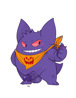 4_fingers ascot balls barefoot black_eyes blush bodily_fluids cum cum_on_penis erection feet fingers foreskin genital_fluids genitals gesture glans glistening grin hand_gesture happy humanoid_genitalia humanoid_penis male nude penis precum purple_body purple_glans purple_skin raised_arm red_eyes retracted_foreskin shadow simple_background smile solo standing teeth thumbs_up toes unsigned white_background unknown_artist nintendo pokemon generation_1_pokemon gengar ghost pokemon_(species) spirit hi_res