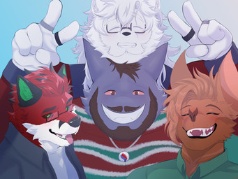 anthro beard black_beard black_ears black_facial_hair black_hair black_lips black_nose black_sclera brown_body brown_fur closed_smile clothed clothing countershading digit_ring eyes_closed eyewear facial_hair fur gesture glasses green_clothing green_eyes green_inner_ear green_shirt green_topwear grin group hair hand_gesture jewelry lips looking_at_viewer male mane mouth_closed mustache necklace pattern_clothing pattern_topwear pendant pink_tongue purple_body red_body red_fur red_sclera shirt smile striped_clothing striped_topwear stripes tongue tongue_out topwear v_sign wearing_glasses white_body white_countershading white_fur white_mane blindkyll nintendo pokemon igor_(-kiel-) kyllian_(blindkyll) victor_johansen viola_bat_(character) bat canid canine felid fox generation_1_pokemon gengar lion mammal pantherine pokemon_(species) 2025 colored digital_drawing_(artwork) digital_media_(artwork) hi_res