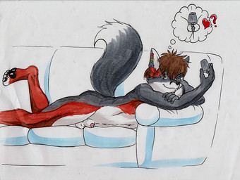 animal_genitalia anthro balls black_pawpads chastity_cage chastity_device dipstick_tail ear_piercing furniture genitals looking_at_viewer lying male markings nude on_front one_leg_up pawpads piercing raised_leg sheath sofa solo tail tail_markings thought_bubble neoneon canid mammal