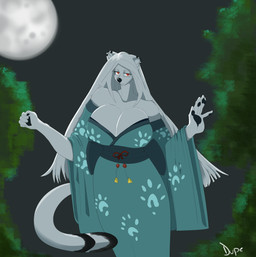 anthro asian_clothing big_breasts breasts clothing east_asian_clothing female fur huge_breasts japanese_clothing kimono red_eyes solo white_body white_fur duplicatename siobhan_(duplicatename) domestic_ferret mammal mustelid musteline true_musteline weasel