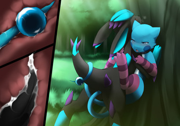 3_fingers against_natural_surface against_surface against_tree ambiguous_anthro ambiguous_gender ambiguous_penetrated ambiguous_penetrating ambiguous_penetrating_male anal anal_penetration anthro anthro_on_feral anthro_penetrated armwear bestiality black_body black_penis blue_body blue_eyes blue_fur blue_inner_ear bodily_fluids clothing collar cum cum_in_ass cum_inside detailed_background duo eyes_closed feral feral_penetrating feral_penetrating_anthro fingers forest fur genital_fluids genitals glacygia grass internal internal_anal legwear male male/ambiguous male_feral male_penetrated male_penetrating male_penetrating_ambiguous multicolored_body mutual_penetration nature nude_ambiguous nude_anthro open_mouth outside outside_sex pattern_armwear pattern_clothing pattern_legwear penetration penile penile_penetration penis penis_in_ass plant sex stockings striped_armwear striped_clothing striped_legwear stripes tail tail_fetish tail_in_ass tail_insertion tail_play tail_sex tongue tree darkmirage nintendo pokemon dragonchu_(character) eeveelution generation_4_pokemon glaceon hybrid pokemon_(species)