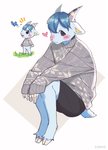 anthro anthrofied barefoot blue_body blue_fur blush bottomwear chibi clothing cloven_hooves feet fur heart_symbol hooves horn male oversized_clothing oversized_shirt oversized_topwear shirt shorts sitting solo sweater topwear zuekrz animal_crossing nintendo sherb_(animal_crossing) bovid caprine goat mammal hi_res