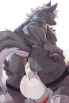 anthro anus backsack balls big_balls bodily_fluids butt canid canine canis cum cum_inside gaping gaping_anus genital_fluids genitals grin hi_res leaking_anus leaking_cum looking_at_viewer male mammal ring scratches smile solo spread_butt spreading wolf zex