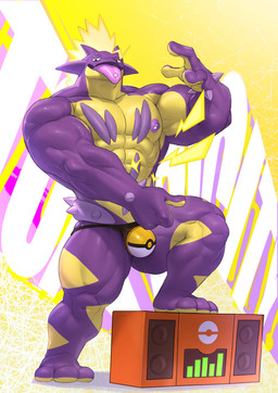 3_fingers 3_toes abs anthro barbell_piercing boombox bulge clothing electrical_hair electricity eyebrow_barbell eyebrow_piercing facial_piercing feet fingers looking_at_viewer male multiple_piercings muscular nipple_barbell nipple_piercing nipples open_mouth piercing pokeball pokeball_clothing pseudo_hair purple_body purple_nipples solo stereo toes tongue tongue_out tongue_piercing tongue_stud underwear yellow_body fishingmanmax nintendo pokemon amped_toxtricity generation_8_pokemon pokemon_(species) toxtricity 2026 absurd_res hi_res