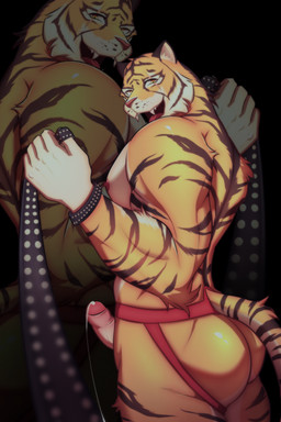 anthro areola biceps bodily_fluids butt clothed clothing erection eye_scar facial_scar fingers foreskin fur genital_fluids genitals holding_object humanoid_genitalia humanoid_penis jockstrap jockstrap_only leaking_precum leash looking_at_viewer male mostly_nude muscular muscular_anthro muscular_male nipples nude open_mouth partially_retracted_foreskin pecs penis precum precum_string scar simple_background smile solo standing stripes teeth topless topless_anthro topless_male underwear underwear_only yellow_eyes kuroikiri epic_games fortnite oscar_(fortnite) felid mammal pantherine tiger digital_media_(artwork) hi_res