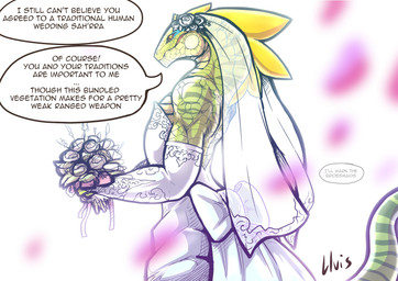 ambiguous_gender anthro armwear biceps big_tail biped bouquet bow_(feature) bridal_gauntlets butt butt_pose clothed clothing countershade_face countershade_neck countershading depth_of_field dialogue dress female fully_clothed green_body green_scales long_tail looking_at_viewer muscular muscular_anthro muscular_female narrowed_eyes offscreen_character pose scales side_view simple_background snout solo speech_bubble standing tail tapering_tail teeth text thick_tail wedding_dress wedding_veil white_background white_clothing white_dress lluisabadias dungeons_and_dragons hasbro wizards_of_the_coast fintir_(lluisabadias) lizardfolk_(dnd) lizardman scalie 2023 absurd_res digital_media_(artwork) english_text hi_res signature female_(lore)