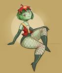 apple candy candy_apple clothed clothing dessert female food food_hair fruit green_body green_hair green_skin hair looking_at_viewer not_furry plant pose pseudo_hair red_eyes simple_background smile solo thick_thighs unknown_artist food_creature humanoid