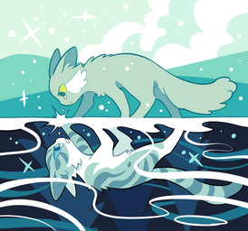 ambiguous_gender back_markings blue_eyes blue_sclera bodily_fluids cloud crying detailed_background digitigrade duo eye_contact facial_markings facial_tuft feral fully_submerged fur green_sclera grey_body grey_fur grey_markings grey_stripes head_markings hill lake leg_markings looking_at_another markings mirrored quadruped side_view sparkles stripes tail tail_markings teal_eyes tears tuft walking_on_water water white_body white_fur white_markings rehtaef409 warriors_(book_series) dovewing_(warriors) ivypool_(warriors) domestic_cat felid feline felis mammal digital_drawing_(artwork) digital_media_(artwork) hi_res