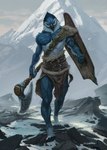 4_toes anthro avian axe bird bottomwear clothed clothing conditional_dnp digitigrade fantasy feet hi_res latex_(artist) loincloth looking_at_viewer male mountain muscular outside partially_clothed shield smile snow solo toes warrior