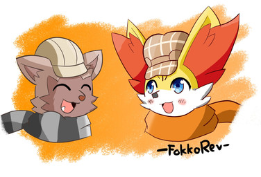 blue_eyes blush brown_body brown_clothing brown_ears brown_fur brown_hat brown_headwear clothing eyes_closed fangs fur grey_scarf hat headgear headwear inner_ear_fluff multicolored_clothing multicolored_scarf neckwear open_mouth orange_scarf red_inner_ear_fluff scarf smile teeth tuft two_tone_clothing two_tone_scarf white_body white_clothing white_fur white_hat white_headwear yellow_body yellow_fur fokkorev nintendo pokemon aeren_(fokkorev) oxy_(raydowi) canid fennekin generation_3_pokemon generation_6_pokemon mammal pokemon_(species) poochyena 2021 hi_res signature