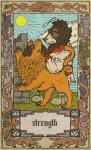 anthro black_nose border brown_body brown_fur card card_template claws clothed clothing cloud duo feral fortune_telling fur major_arcana mane open_mouth orange_body orange_fur outside pink_nose roman_numeral sky strength_(tarot) sun tarot tarot_card teeth text tongue tongue_out musorok malutki bear felid lion mammal pantherine 2016 english_text