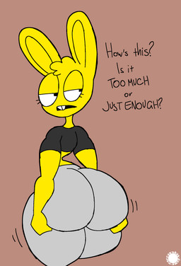 anthro bar_emanata big_butt bottomwear bubble_butt buckteeth butt butt_squish clothing crop_top curvy_figure dialogue emanata eyelashes femboy fur hand_on_butt hand_on_own_butt head_tuft logo looking_back male midriff pants pupils rear_view shirt small_waist solo square_pupils squish teeth text thick_thighs topwear tuft wide_hips yellow_body yellow_fur thatdawgmurray andrej_novotny lagomorph leporid mammal rabbit absurd_res aliasing artist_logo artist_name digital_media_(artwork) english_text hi_res signature