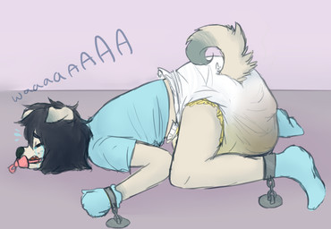ambiguous_gender anthro bodily_fluids bound clothed clothing detailed_background dialogue diaper dipstick_ears dipstick_tail ear_markings feces fur gag genital_fluids hair lying markings multicolored_ears on_front pacifier pacifier_gag scatplay shirt soiled_diaper soiling solo tail tail_markings text topwear unclean_diaper urine used_diaper wet_diaper wetting monsterbunny gally_(monsterbunny) canid canine canis domestic_dog mammal 2015 archived_source digital_drawing_(artwork) digital_media_(artwork) english_text