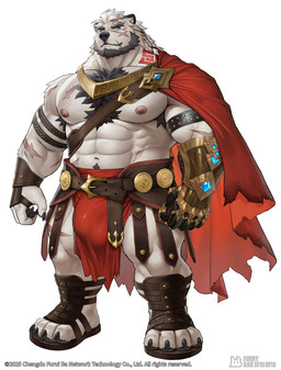 abs anthro arm_scar armband armor armpit_hair beard biceps black_hair black_pawpads blue_eyes body_hair bulge cape chest_scar chest_tuft claws clothing detailed_bulge facial_hair facial_scar finger_claws footwear forehead_scar fur gauntlets gloves gold_gauntlets greaves hair handwear leather leather_armor leg_scar lip_scar male muscular muscular_anthro muscular_male muscular_thighs nipples pawpads pecs pteruges red_cape red_clothing sandals scar shin_guards shoes solo text thigh_scar toe_claws tuft underpaw white_body white_fur x_scar rossciaco furrybar_ai anshot_(furrybar_ai) bear mammal polar_bear ursine 2025 english_text hi_res