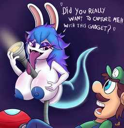 anthro big_breasts breasts duo female male male/female nipples text arturfox mario_bros mario_plus_rabbids_sparks_of_hope nintendo raving_rabbids rayman_(series) ubisoft luigi midnite_(mario_plus_rabbids) ghost human lagomorph mammal rabbid spirit absurd_res english_text hi_res